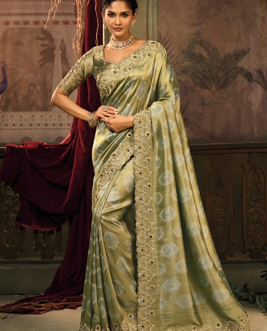 GREEN - Olive Green Designer Embroidered Silk Saree with Heavy Border